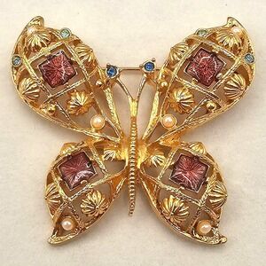Vintage Avon Rhinestone Butterfly Brooch Statement Gold Tone Openwork 2.5" Pin